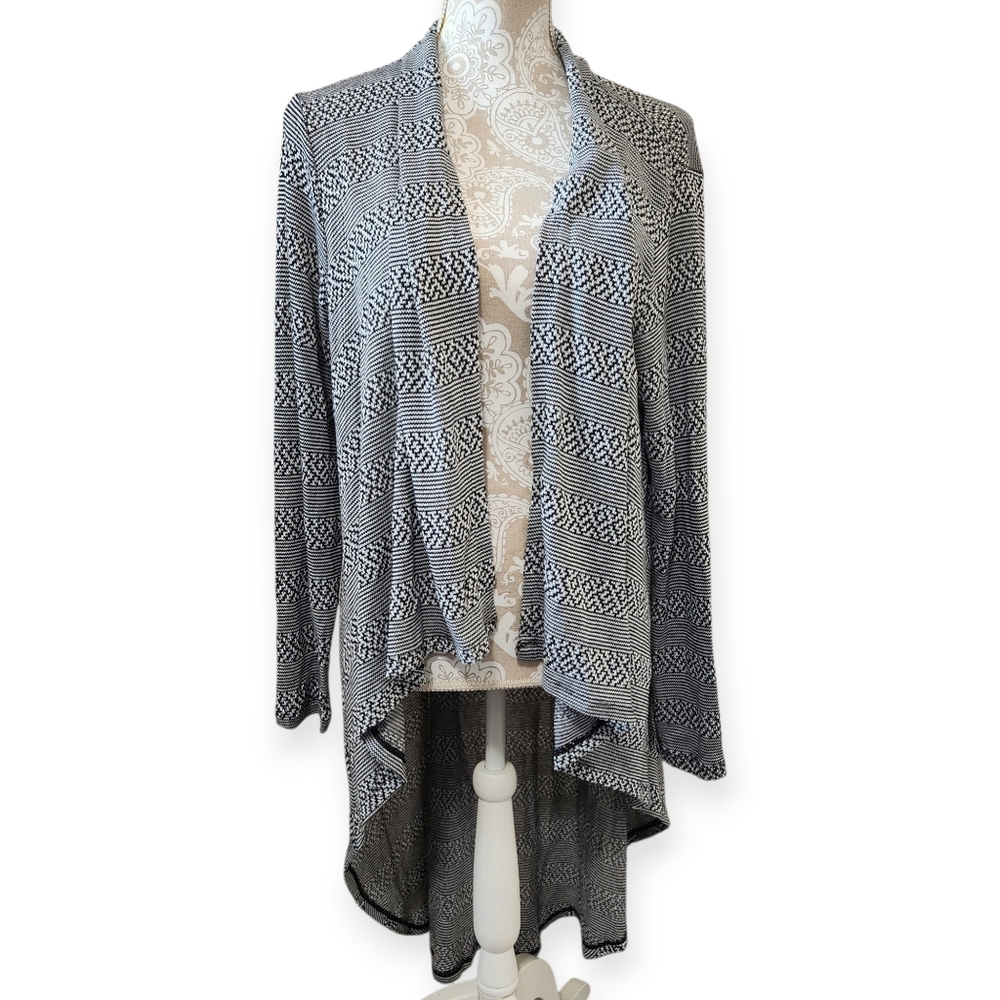 CATO Open Front Black White Geometric Stripe Draped Knit Duster Cardigan Size XL